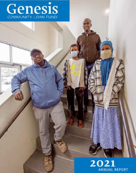 Diverse group of people standing on stairs at Genesis Community Fund 2021 report.