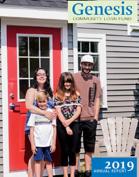Family standing outside a house with a red door, celebrating community support.