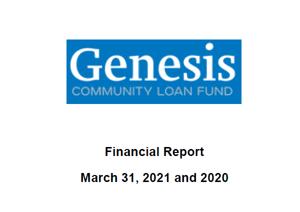 Genesis Community Loan Fund financial report cover page for FY2021 and FY2020.