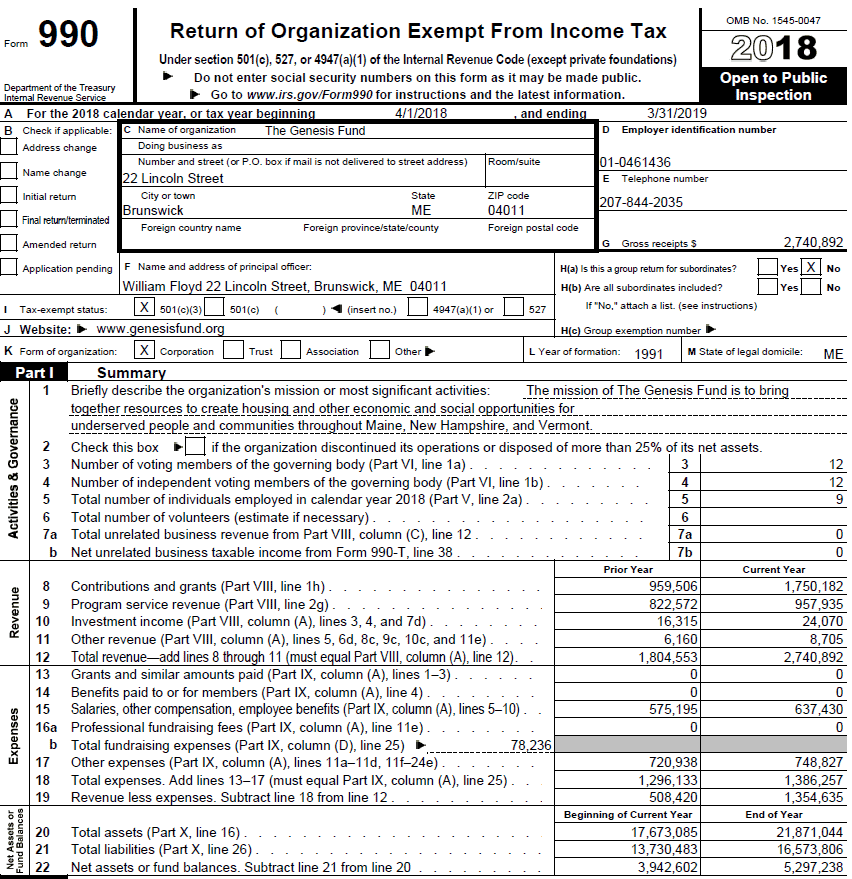 The Genesis Fund financial summary for FY2019 with key figures and organization details.