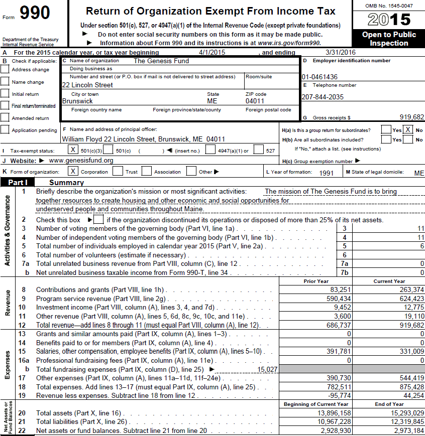 The Genesis Fund logo on a financial report page.