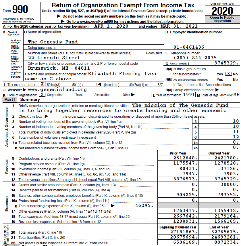 The Genesis Fund logo on a document page for Form 990 FY2021.