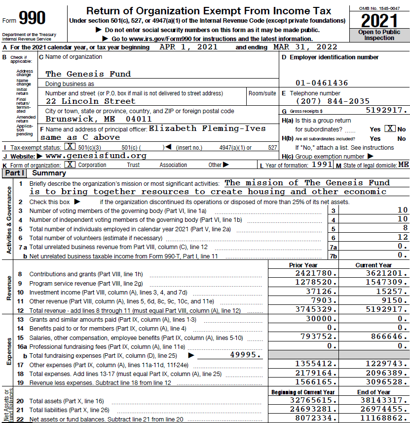 The Genesis Fund logo on a document for Form 990 FY2022 submission.