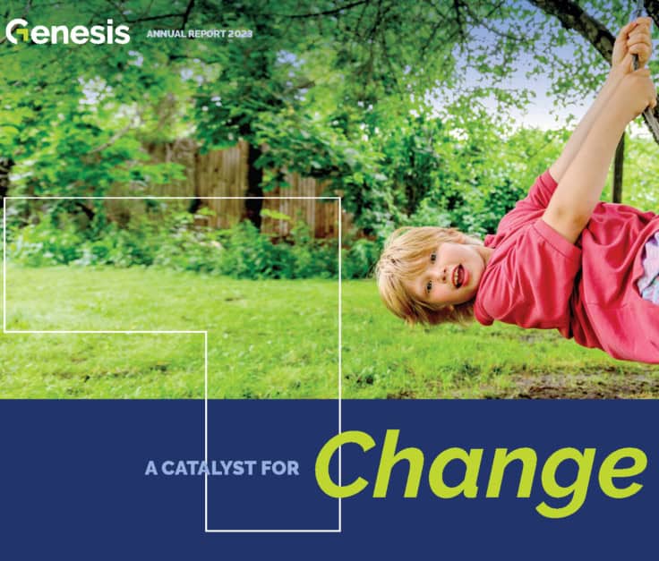 Child swinging on a tree in a lush green park for Genesis Fund 2023.