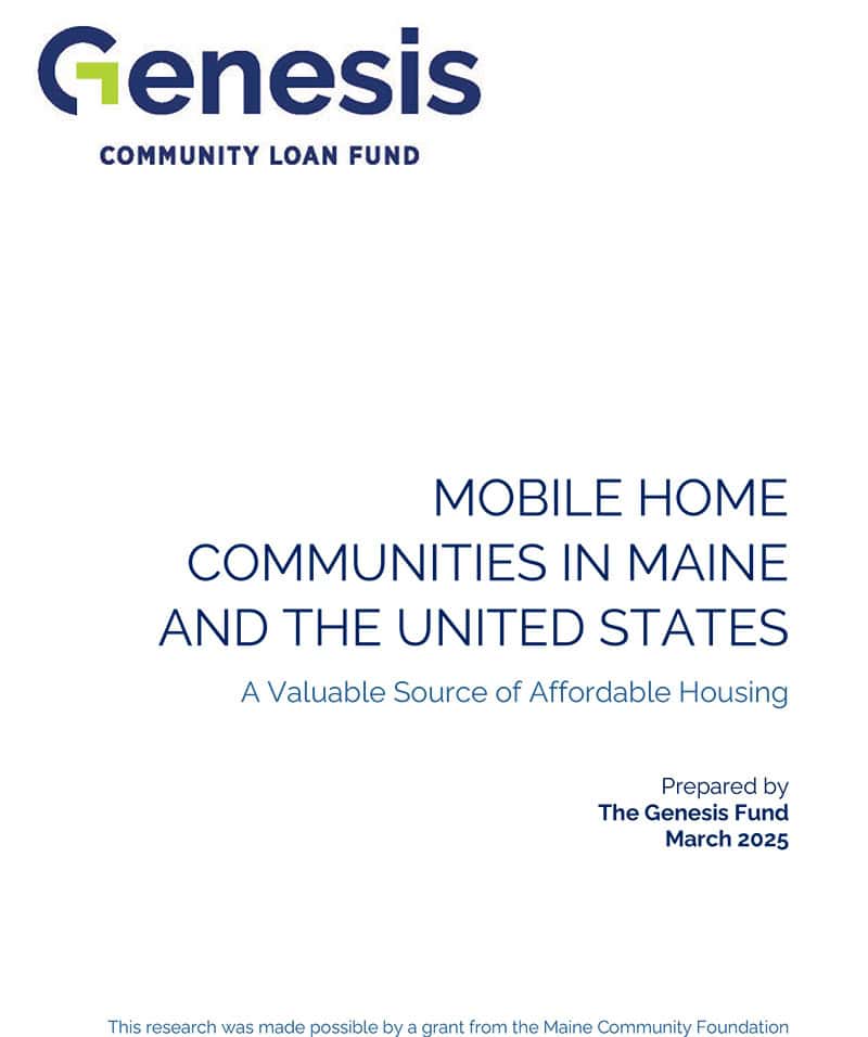 Genesis Community Loan Fund brochure cover for affordable housing in Maine and the US.