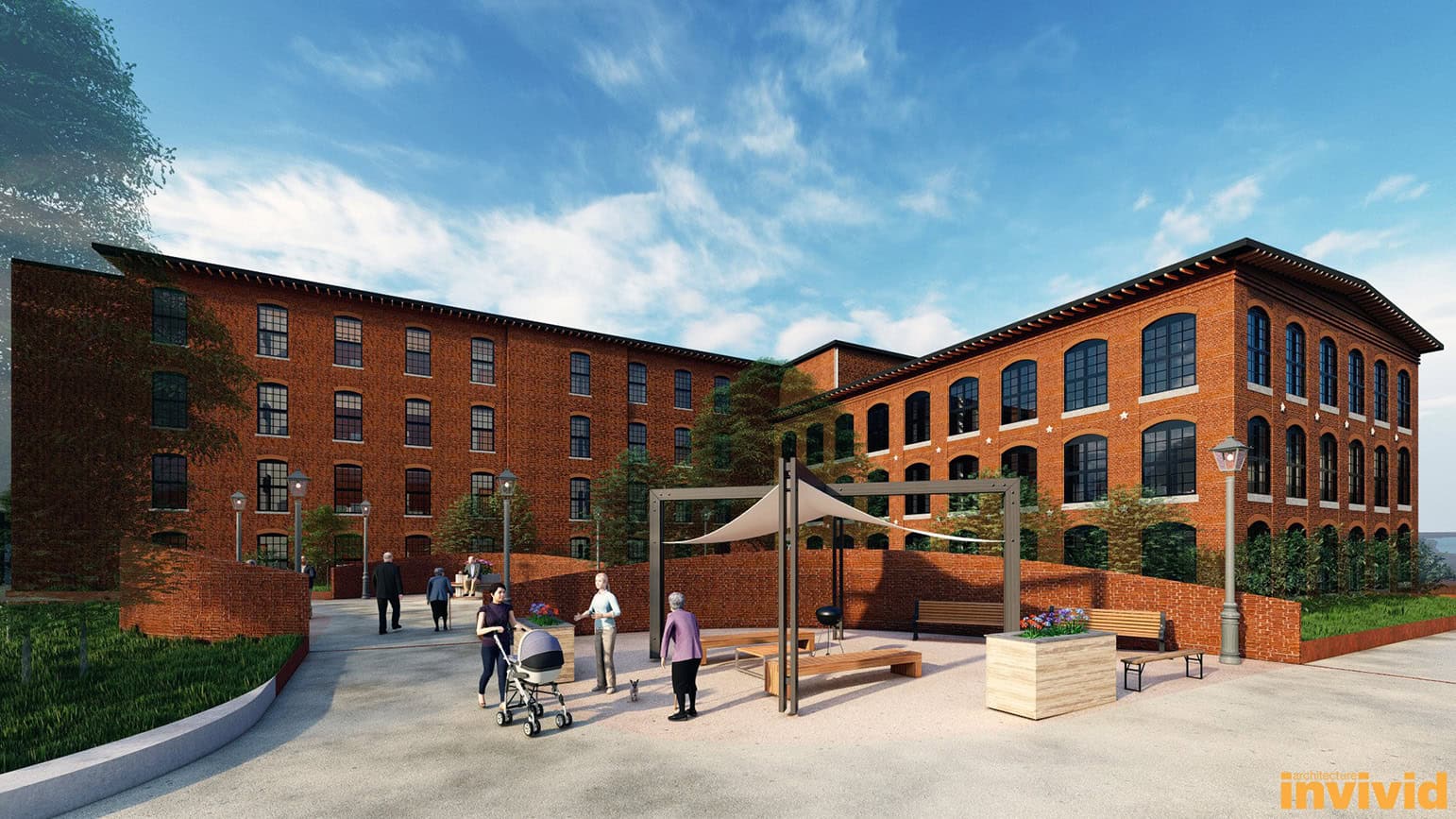 Modern brick building with outdoor community space and people gathering.