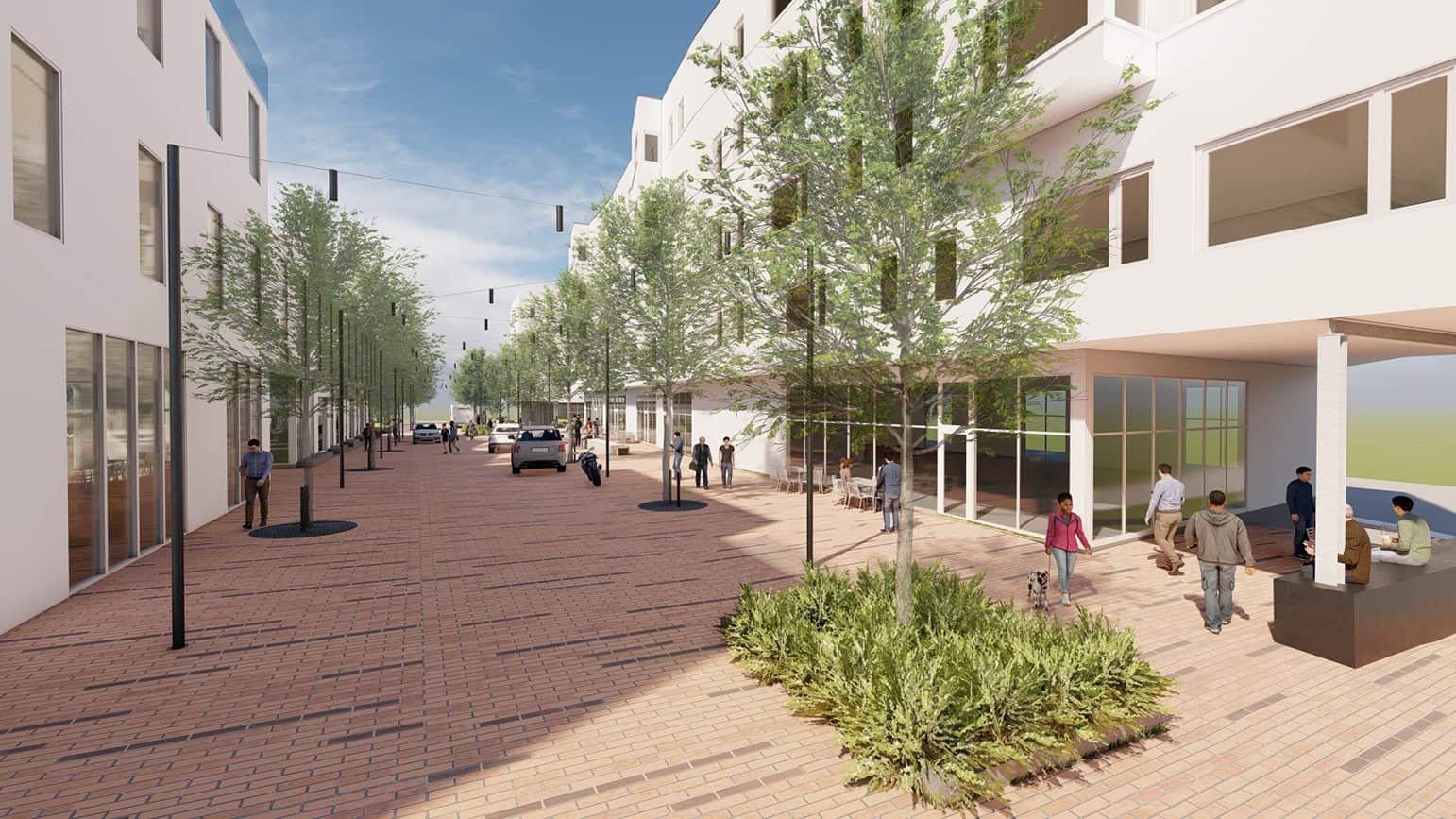 Modern urban street with trees, pedestrians, and buildings for Genesis Fund project.