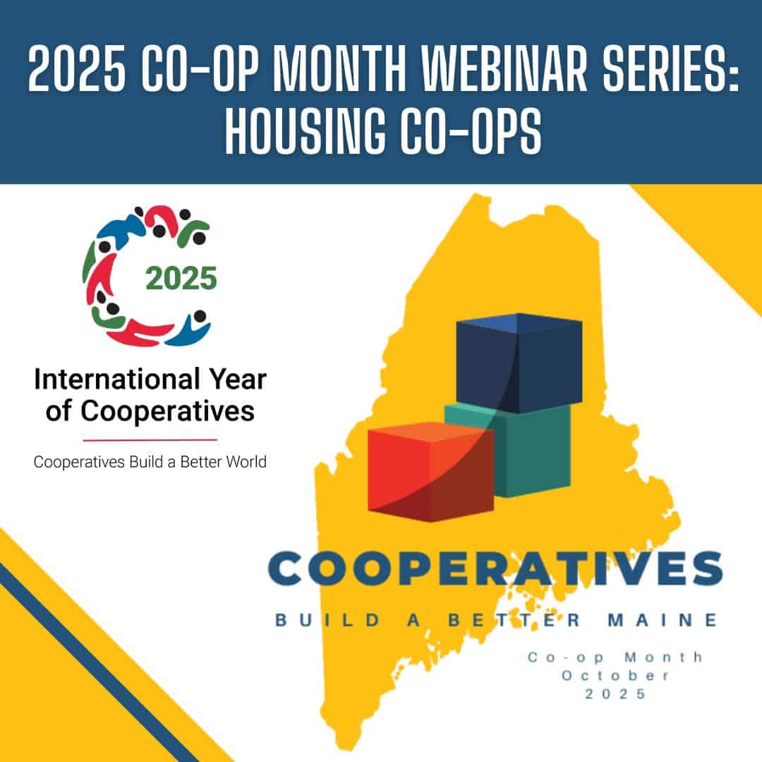 Housing co-ops webinar series poster for October 2025 in Maine.