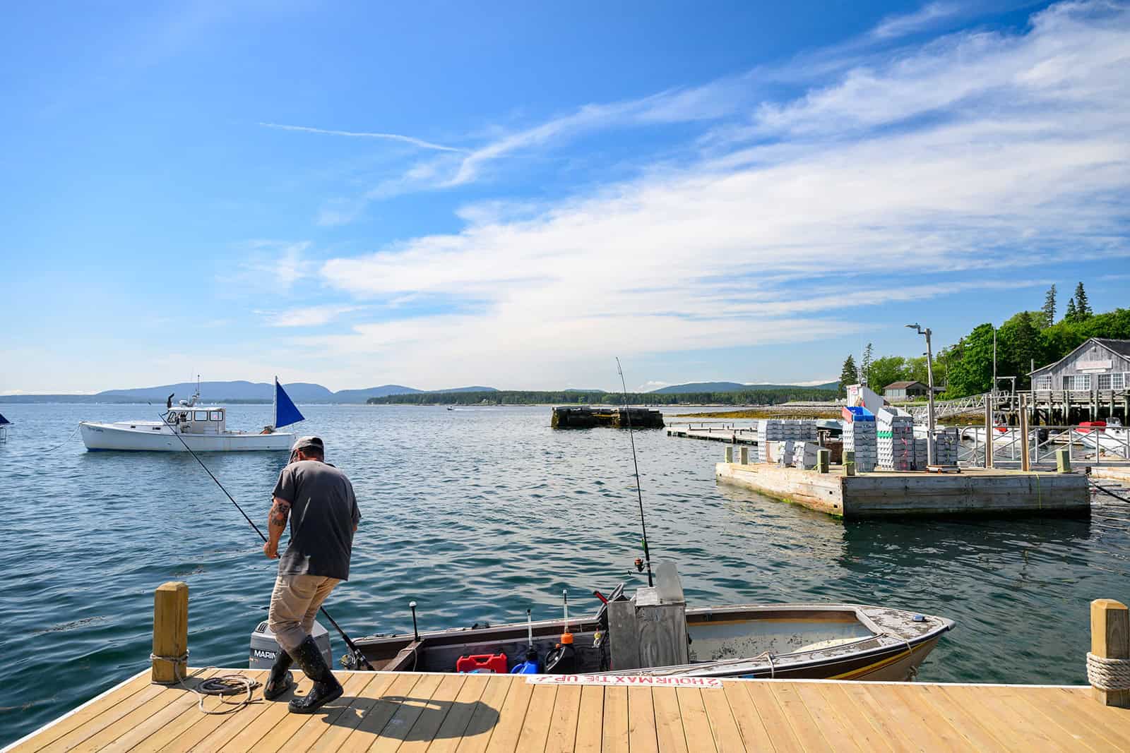 Man fishing from a dock on a calm waterfront with boats and a clear sky.
